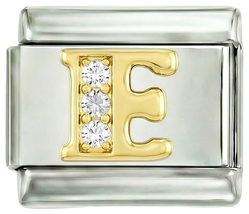 Letter E in Gold with Stones, on Silver - Letter-E-in-gold-with-stones-on-silver.png