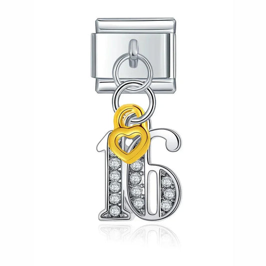 Number 16 with Stones, on Silver - Charms Official
