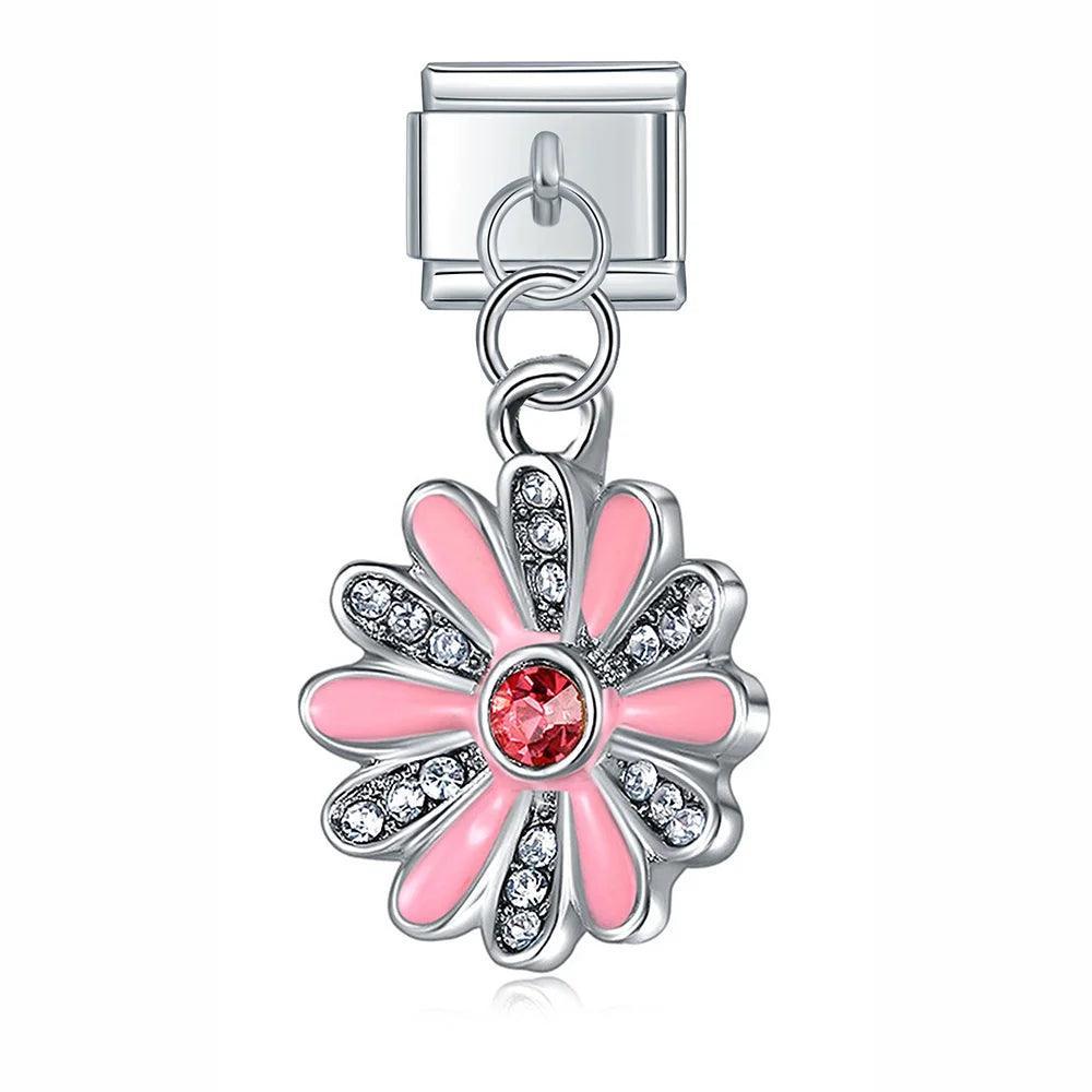 Pink Flower with Stones, on Silver - Charms Official