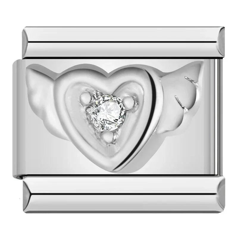 Silver Angel Heart with Single White Stone - Charms Official